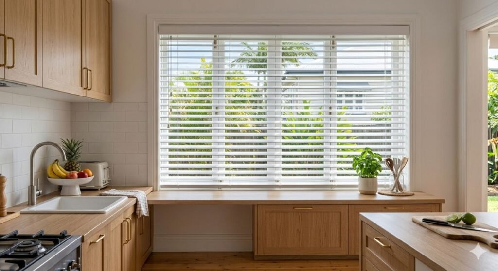 Aluminium venetian blinds in a Hervey Bay kitchen.