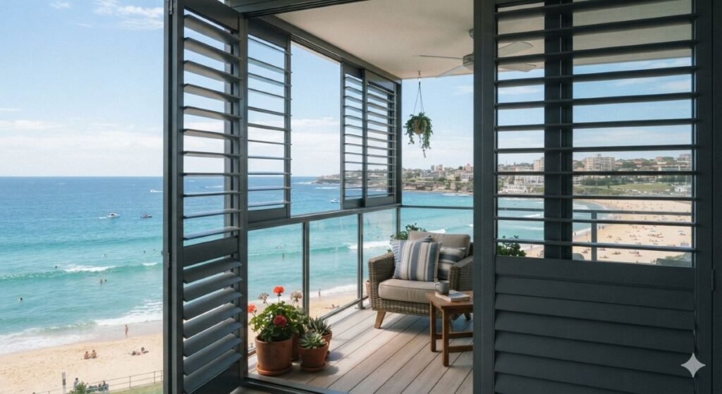 Aluminium shutters on a Hervey Bay balcony.