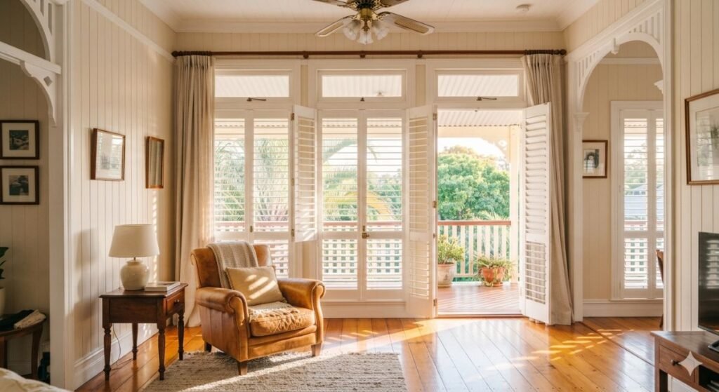 Plantation shutters on sash windows in a Maryborough Queenslander