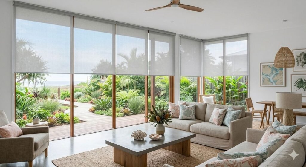 Sunscreen roller blinds in a Hervey Bay living room.