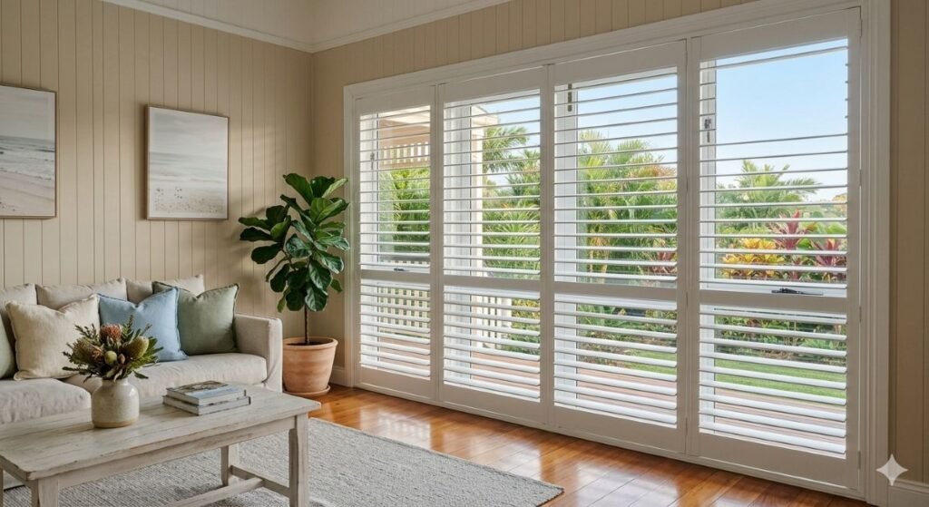Plantation shutters in a Hervey Bay living room.